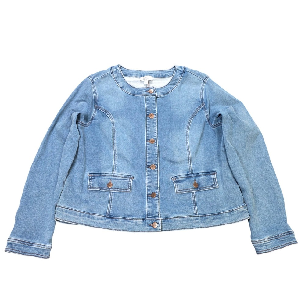 Kim Rogers Collarless Denim Jacket Women's Size L Blue Light Wash Stretch Cotton